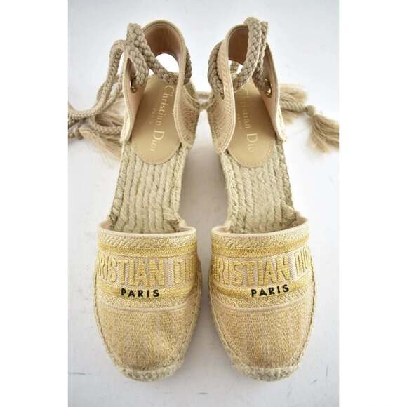 Christian Dior Granville 62K Gold Logo Lace Up Tie Espadrille Mule Heel Wedge 40 - Picture 7 of 11